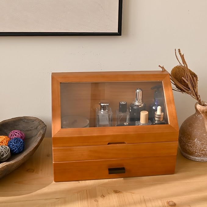 DECOR4SEASON Cologne Organizer for Men, Pine Wood Bathroom Vanity Organizer Countertop, Desk Organizers with Drawer, 2 Tier Perfume Stand Holder, Men Jewelry Box, Ideal Gift for Him Dad Boyfriend