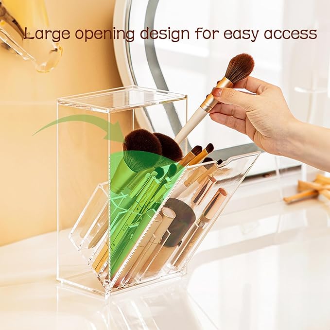 Makeup Brush Organizer With Lid,Thickened Acrylic Brush Holder Dust Proof，Easy To Take,Makeup Brush Storage For Vanity Suitable For Shanks Less Than 0.78 In