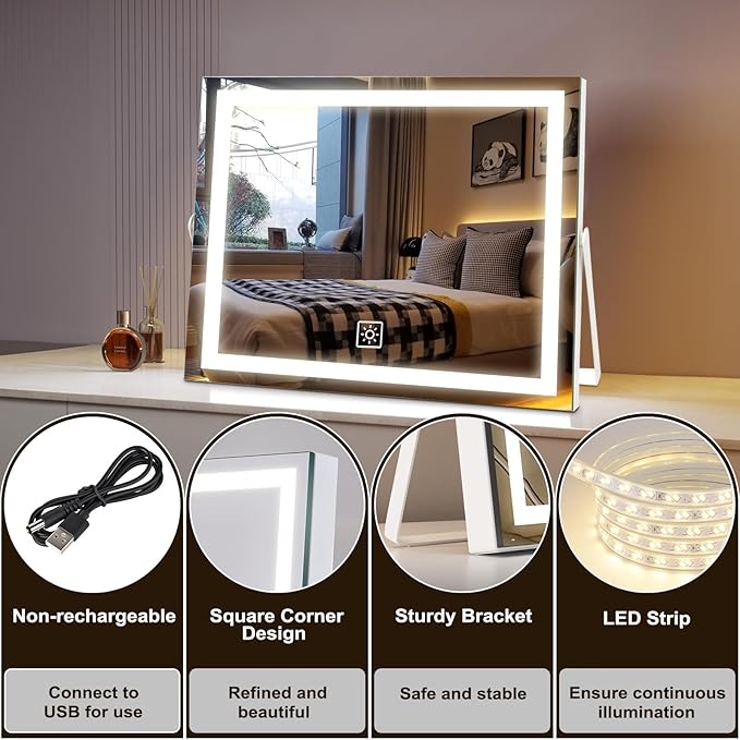 14 Inch LED Vanity Makeup Mirror with Lights, Large Metal Frame Lighted Tabletop Mirror with 3 Color Dimmable Touch Control, 360° Rotation for Bedroom Dressing Table