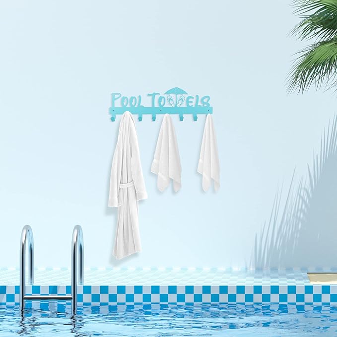 IBosins Pool Towel Rack with 8 Hooks, Towel Holder Wall Mounted for Outdoor or Bathroom, Towel Hanger for Hanging Bathrobes, Towels, Clothes - Perfect Pool Area Outside Sign and Decor (Blue)