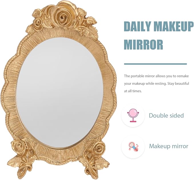 HEALLILY Oval Resin Makeup Mirror Portable European Style Handheld Cosmetic Mirror with Rose Relief Frame Lightweight for Vanity and Travel