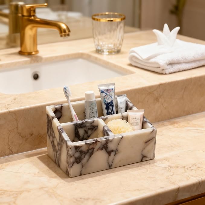 Marble Desk Organizer with 3 Compartments, White and Purple Pattern, Modern Design (White)