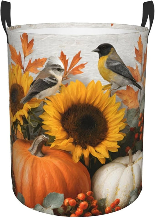Fall Harvest Laundry Hamper, Decorative Sunflower Pumpkin Design, For Bathroom/Laundry Storage/Bedroom 19.6x15.7 Inch