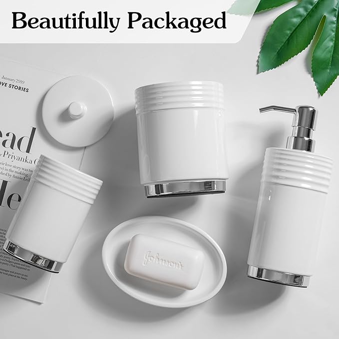 RQYIXI Bathroom Accessories Set 4 Pieces Ceramic Bathroom Accessory with Metal Base Set Contain Soap Dispenser Cotton Swab Jar Toothbrush Cup Soap Dish