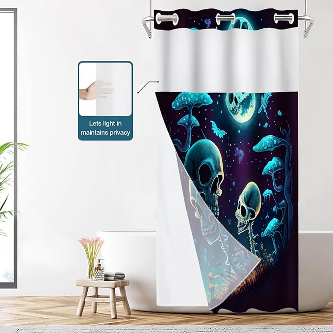 Shrahala Happy Halloween Funny No Hooks Shower Curtain with Snap in Liner Set, Skeletons Grass Mushrooms Starry Sky Bathroom Décor Polyester Fiber Waterproof for Stall Bathtubs 35.5 x 74 in
