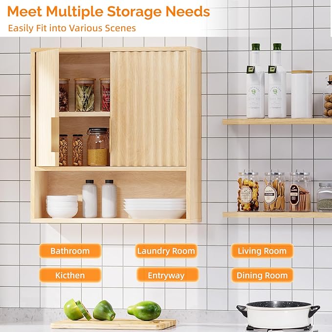 VINGLI Fluted Modern Medicine Cabinet,Bathroom Wall Cabinet Over Toilet Storage, Upper Floating Countertop Storage for Bathroom, Laundry Room,Small Hanging Kitchen Wall Cabinets (Natural Oak Color)