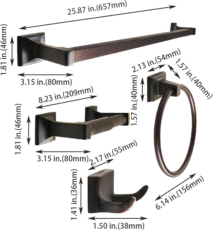SENTO CELLAR Classic Bathroom Accessories Set, Heavy Duty Metal Bath Hardware Set Wall Mounted, Includes Robe Hook, Standard Toilet Paper Holder, Towel Ring, 24” Towel Bar (4-Piece, Oil-Rubbed Bronze)