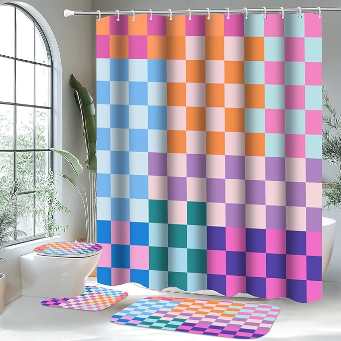 4 PCS Checkered Shower Curtain Sets Fun Gingham Bathroom Sets Soft Non Slip Bath Rugs Toilet Cover U-Shaped Mat Retro Bright Waterproof Shower Curtains with 12 Hooks for Tub Toilet, Colorful