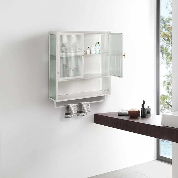 23.62"Glass Doors Modern Two-door Wall Cabinet with Two-tier Enclosed Storage, an Open Shelf, and Towel Rack, for Entryway Living Room Bathroom Dining Room Bathroom Cabinet Kitchen (White4)