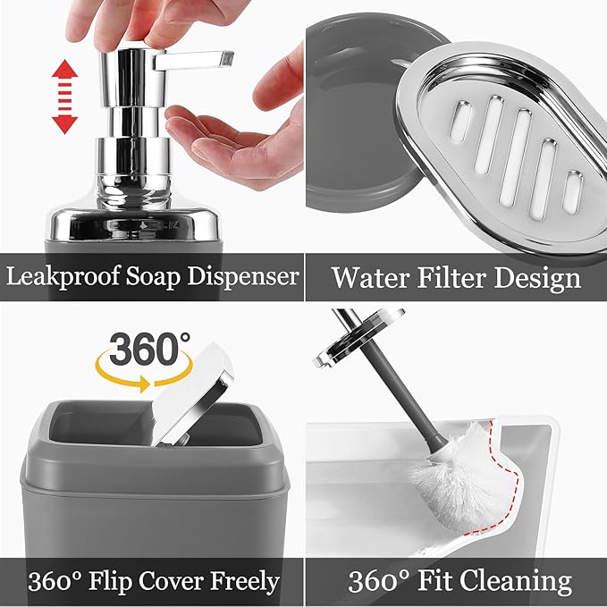 XLHOMO Grey Bathroom Accessories Set, Bathroom Sets with Shower Curtain and Rugs, Trash Can, Tray, Soap Dispenser, Soap Dish, Toothbrush Holder, Toothbrush Cup,Toilet Brush and Qtip Holders for Home