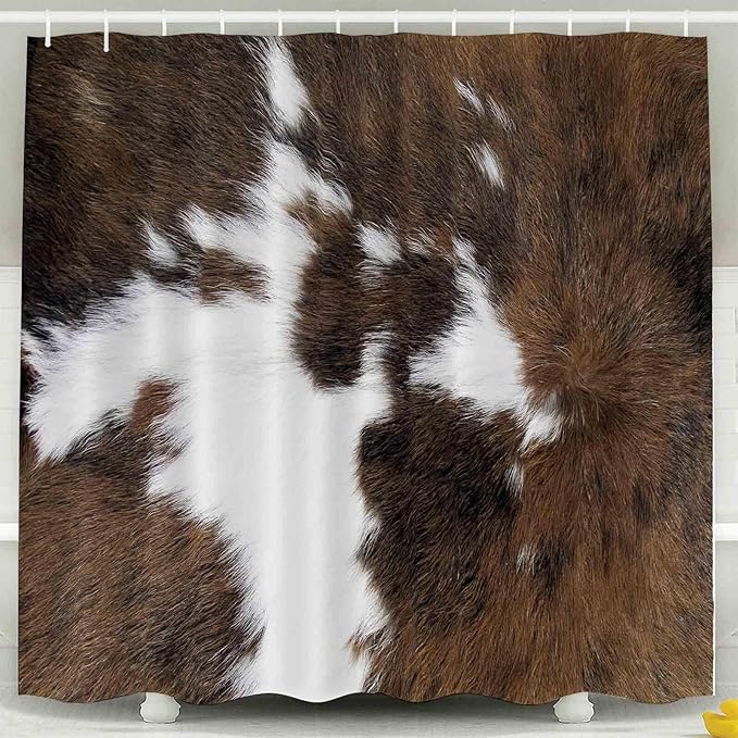 TOMWISH Western Bathroom Shower Curtain Set,Cowhide Print Bathroom Rug Shower Curtain Toilet Lid Cover and Bath Mat Farmhouse Brown Animal Print Bath Accessories Décor with 12pcs Hooks