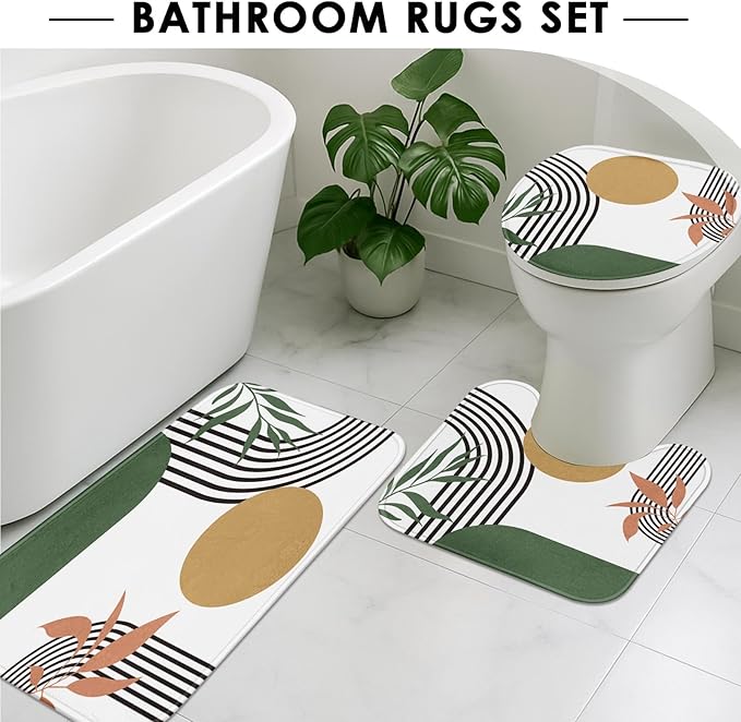 Boho Mid Century Shower Curtain Set with Toilet Lid Cover and Non-Slip Rugs, Abstract Green 4 Pcs Modern Minimalist Shower Curtain for Bathroom Set with 12 Hooks
