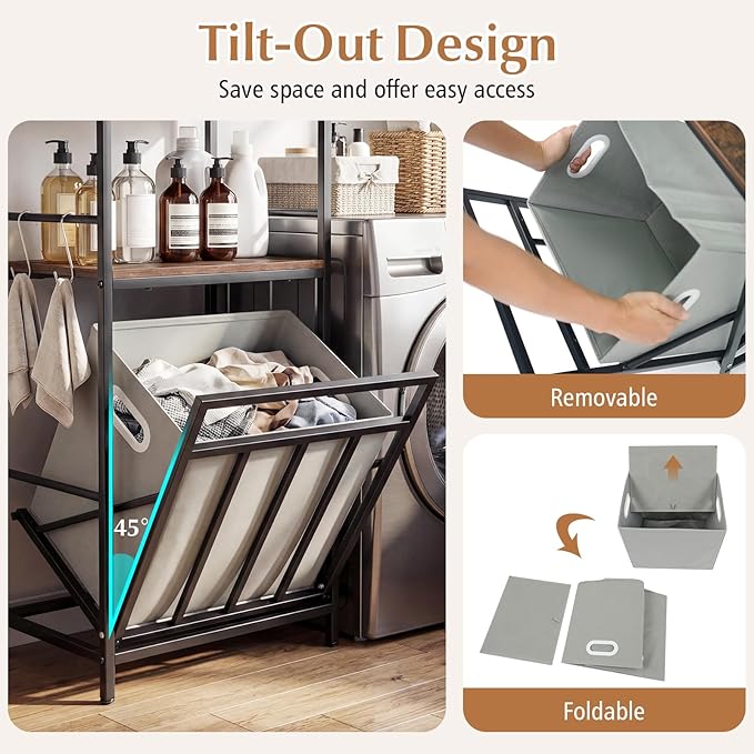 Giantex Tilt out Laundry Hamper, Space Saving Bathroom Storage Cabinet with Removable Basket, 2 Open Shelves & 4 Side Hooks, Hidden Laundry Organizer for Dirty Clothes, Laundry Room, Bedroom