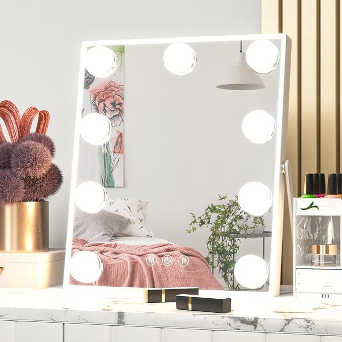 Hollywood Vanity Mirror with Lights, 9 LED Bulbs Hollywood Makeup Mirror, Tabletop Vanity Lighted Mirror with 3 Color Lighting Modes, Smart Touch Control, White