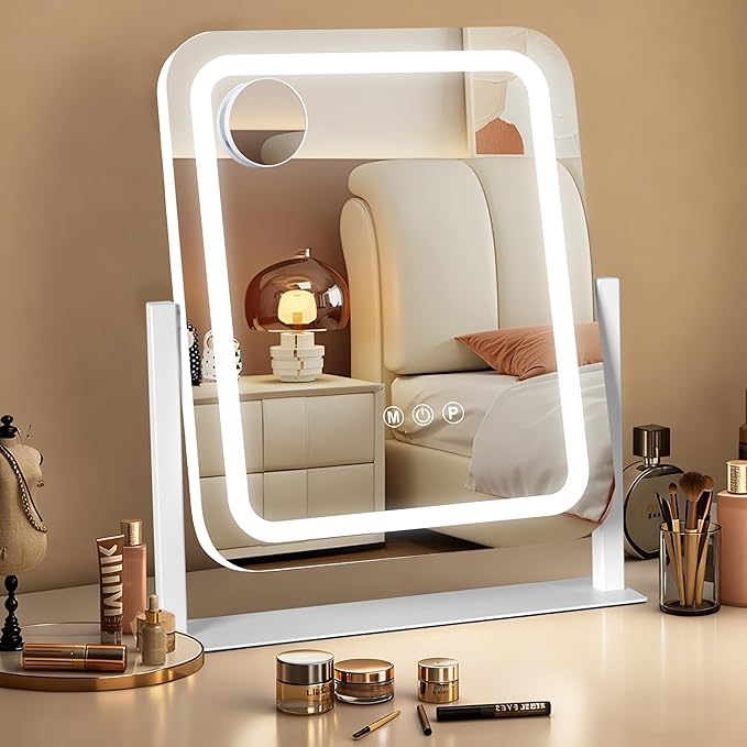 Ratsamee Vanity Mirror with Lights 15"×13", Led Makeup Mirror, Lighted Makeup Mirror with 3 Color Dimmable Lights, Smart Touch Screen Control, 360°Rotation