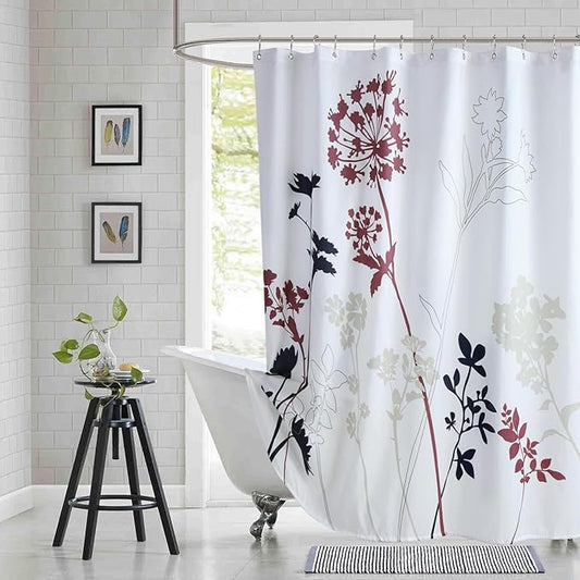 Floral Fabric Shower Curtain, White and Burgundy Flower Shower Curtain, Blue and Gray Plant Shower Curtains for Bathroom, Waterproof Bathroom Curtains, 72" W x 72" H