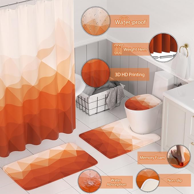 XLHOMO Bathroom Accessory Set - 26PC Bathroom Shower Curtain and Rug Set, Bathroom Accessories Set, Orange Bathroom Set with Trash Can, Toilet Brush, Qtip Holder & Soap Dispenser