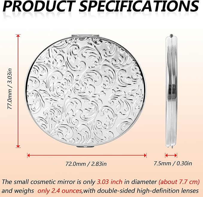 Oval Mini Portable Metal Folding Mirror, Beautiful and Elegant, Sturdy and Durable, 1X/2X Magnifier. (Oval Pattern Silver)