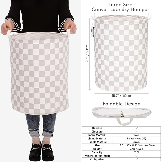 Sea Team 19.7 Inches Large Sized Waterproof Coating Ramie Cotton Fabric Folding Laundry Hamper Bucket Cylindric Burlap Canvas Storage Basket with Stylish Grid Grey Design