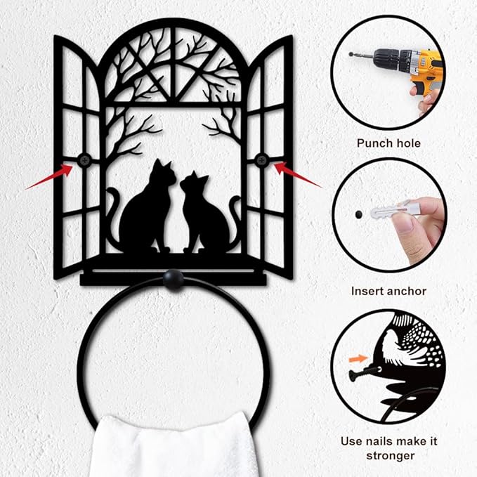 MAYJOYDIY Cat Shape Metal Towel Ring Round Window Cat Hand Towel Holder Ring Hanger Black Vintage Towels Wall Organizer for Kitchen Bath Home Laundry Room Decors Gifts