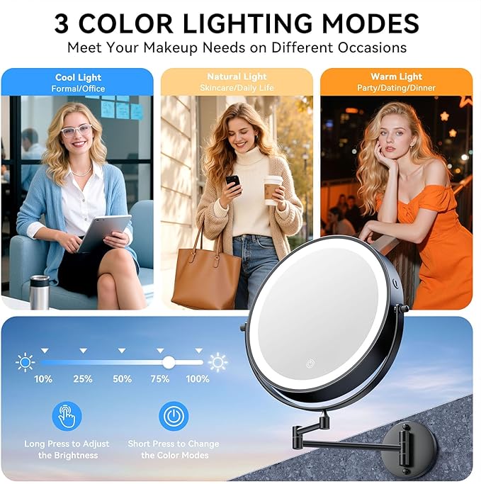 9'' 30X/1X Wall Mounted Lighted Makeup Mirror, 5000mAh Rechargeable Double-Sided Magnifying Mirror with Light, Vanity Bathroom Mirror Touch Dimmable 3 Colors 360° Rotation Extended Arm, Power Adapter