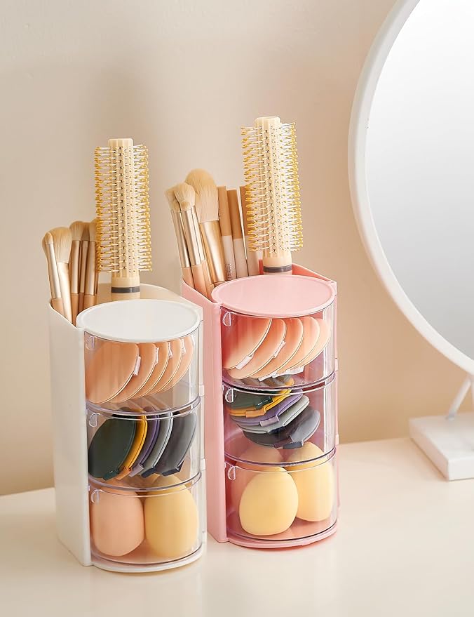 Hair Accessories Organizer with Hair Brush Holder, 3 Drawer Rotatable Hair Tie Organizer for Makeup Brushes, Hair Clips, Earrings, Necklaces, Bracelets and Hair Accessories, White, 3-Layer