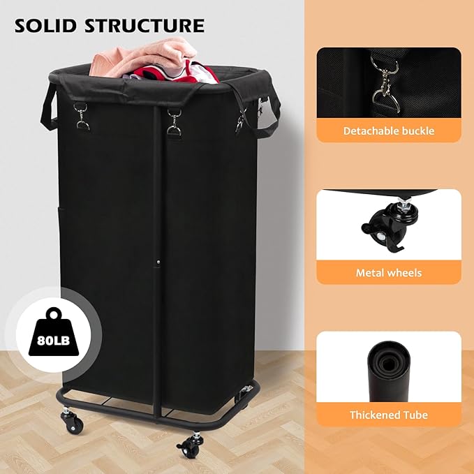 Longzhuo 47.55 Gal(180L) Laundry Basket with Wheels, Rolling Laundry Basket, Large Laundry Hamper, Metal Wheeled, for Hotel, Bedroom, Laundry Room Organization, Black