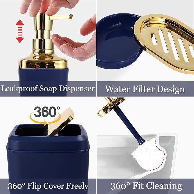 XLHOMO Blue Bathroom Set, Bathroom Sets with Stripe Shower Curtain, Navy Blue and Gold Bathroom Accessories with Trash Can, Soap Dispenser, Soap Dish, Toilet Brush Holder, Qtip Holders for Bathroom