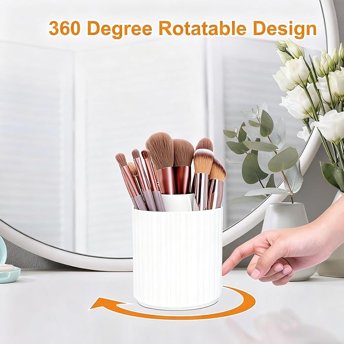 360 Rotating Makeup Brush Holder Organizer, Dustproof Storage Organizer with 5-Slot, Multifunctional Pen Holder for Makeup Brush Mascara or Eyeliner, White-A