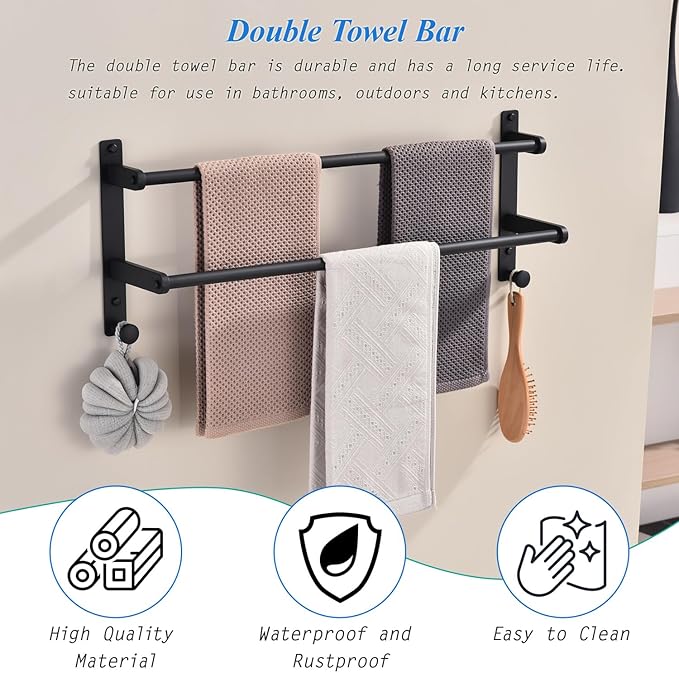 Matte Black Double Towel Rack with Hooks for Bathroom, 24 Inch Stainless Steel Wall Mounted Towel Bar Holder