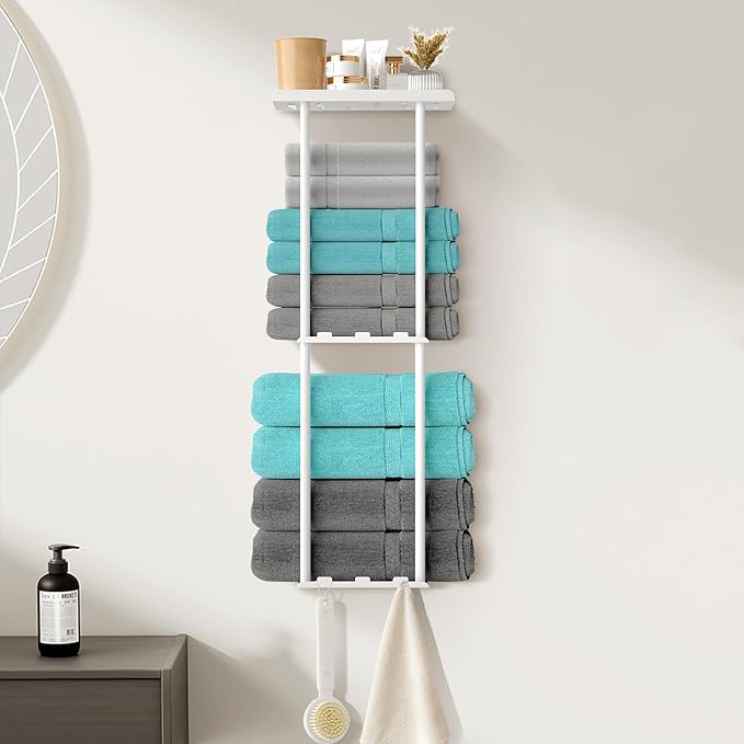 Towel Racks for Bathroom, 3 Tier Metal Towel Holder, with Shelf & 6 Hooks, 29 inch Wall Mounted Towel Storage, 6 Large Bath Towels Capacity,Small Bathroom Towel Rack for Rolled Towels, White