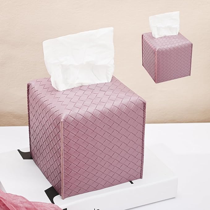 HOMOTEK 2 Pack Tissue Box Cover, Square PU Leather Tissue Holder, Decorative Facial Tissue Cube Paper Organizer Dispenser for Bathroom, Night Stands, Desk, Car 5X5X5'' - Woven Waffle,Plum Red