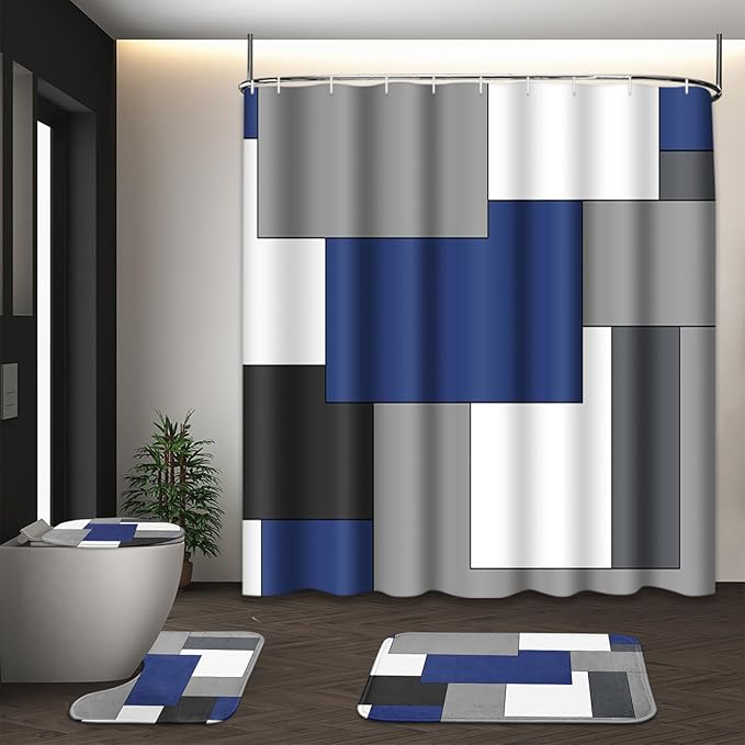 Navy Blue Geometric Shower Curtain Set with Toilet Lid Cover and Non-Slip Rugs for Bathroom, Black White Grey Checkered 4 Pcs Shower Curtain, Modern Abstract Bathroom Set with 12 Hooks