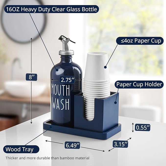 Glass Mouthwash Dispenser for Bathroom, 16 OZ Mouthwash Dispenser with Pour Spout and Wood Cup Holder and Tray, Mouth Wash Bottle Container, Farmhouse Kitchen Bathroom Decor and Accessories, Navy Blue