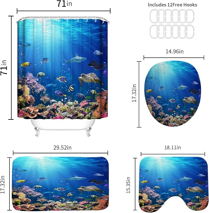 4Pcs Sunlight Sea Fish Bathroom Sets with Rugs, Shark and Turtle Print Machine-Washable Shower Curtain, Bluey Ocean Theme Bath Accessories Sets for Bathroom, Set de baño completo, 12 Pcs Hooks