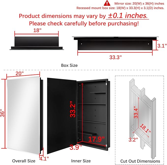 Fundin Black Medicine Cabinet Recessed or Surface Mount, Bathroom Medicine Cabinet with 20 x 36 Mirror Size and Adjustable Staggered Shelves