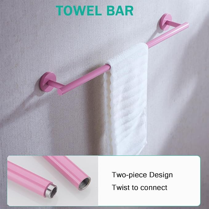 Pink Bathroom Accessories Set,5 Pieces Bathroom Hardware Set,24 inch Towel Bar,Towel Ring for Bathroom,Robe Towel Hooks,Toilet Paper Holder Wall Mounted(Drilling),SE96006S-5PK