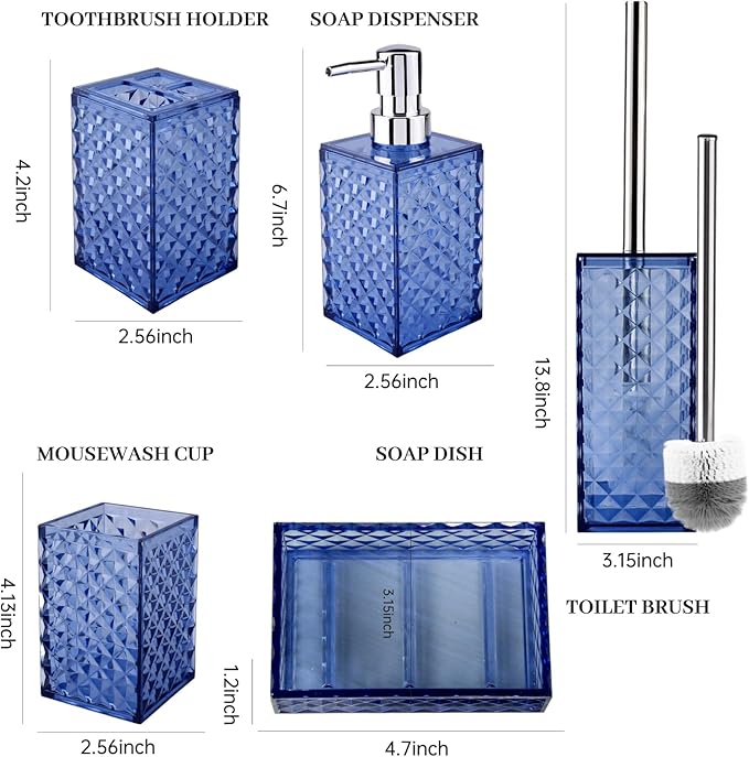 Bathroom Accessory Set, Grid Pattern 5 Pcs Plastic Bathroom Set Include Toilet Bursh, Soap Dispenser, Soap Dish, Toothbrush Holder, Mousewash Cup, Modern Bahtroom Décor Set(Dark Blue)