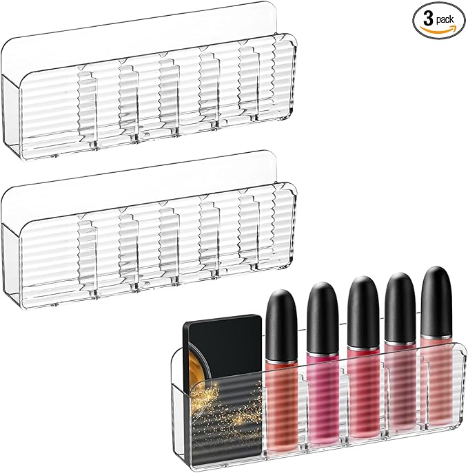 Poeland 3 Pack Wall Mount Storage Boxes, Plastic Lipstick Makeup Brush Holder with 6 Compartments for Home Office (Transparent)