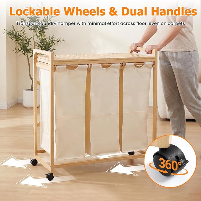 Bamboo Laundry Hamper 3 Section with Lid, 150L Laundry Sorter with Lockable Wheels, Pull-Out Removable Washable Bags, 3 × 12.5 Gal Divided Laundry Baskets for Laundry Room, Bathroom (Beige)