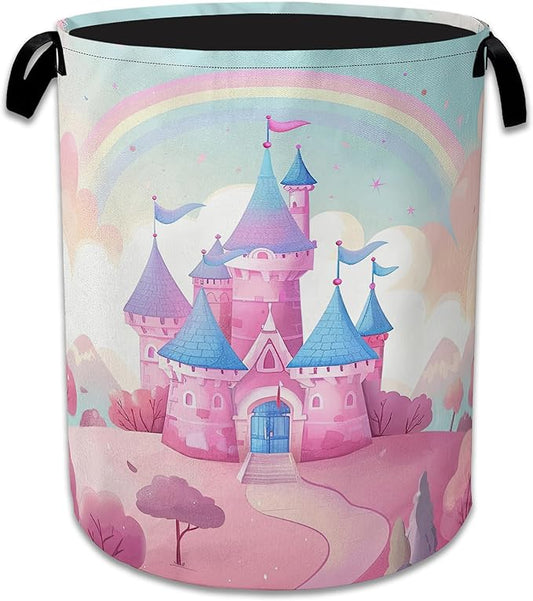Pink Castle Large Storage Basket Collapsible Laundry Basket Oxford Storage Bin for Toy Bins Gift Baskets Bedroom Clothes Children Nursery Hamper 16" X 20.8"