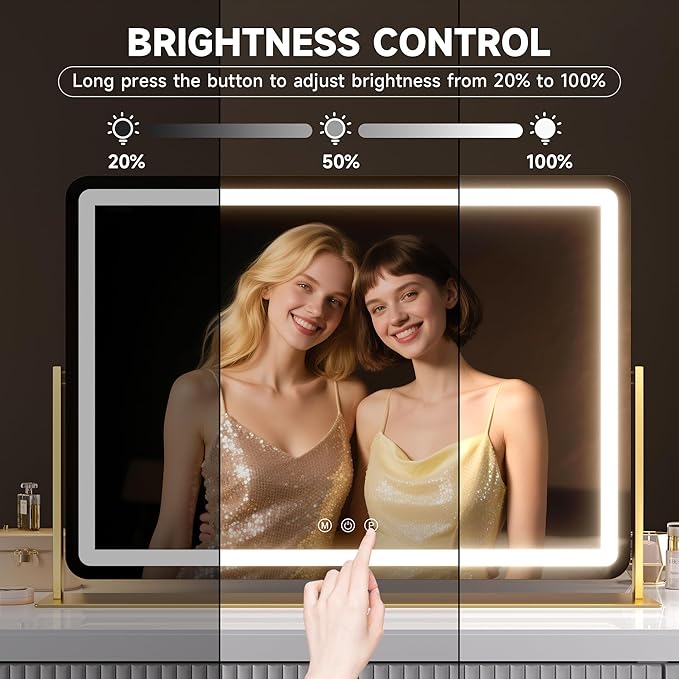 Hasipu Vanity Mirror with Lights 24" x18” -Makeup Mirror with Lights and 5X Magnification, Phone Holder, USB Charging & Smart Touch 3-Color Lighting (Gold)