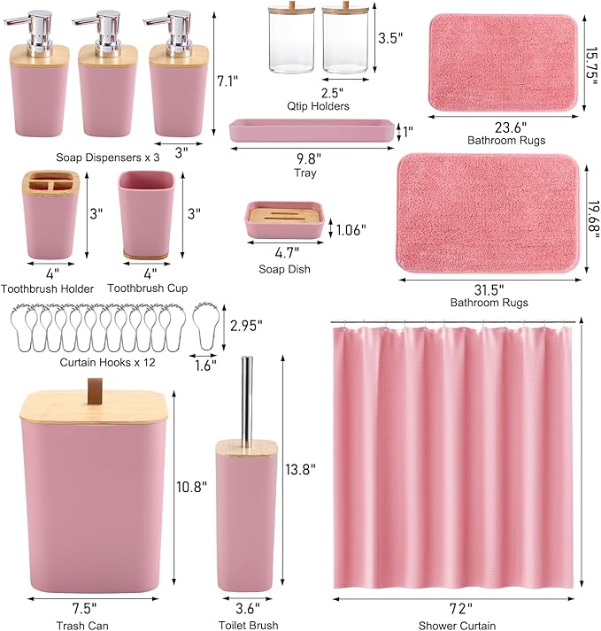 XLHOMO Bathroom Sets with Shower Curtain and Rugs, 27PCS Pink Bathroom Accessories Set with Trash Can, Pink Shower Curtain Set, No Slip Super Absorbent Bathroom Rugs