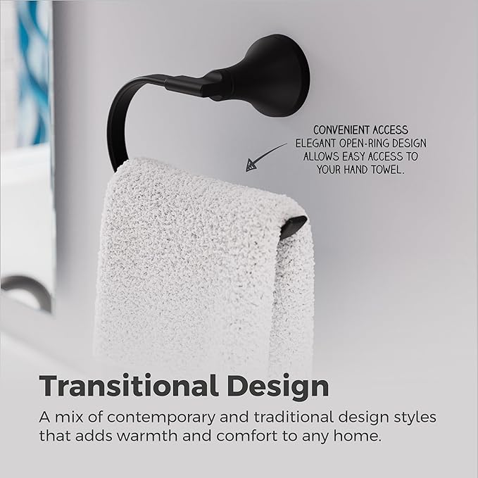 Pfister Vedra Towel Ring, Hand Towel Holder for Bathroom, Wall-Mounted, Screw-in, Matte Black Finish, BRBVED0B