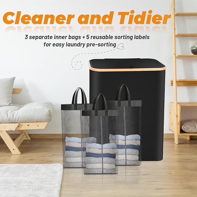 160L Laundry Hamper 3-Section, Laundry Basket with Lid, Dirty Clothes Basket, Laundry Basket Organizer with 5 Sorting Labels and 2PCS Laundry Bags for Bedroom, Dormitory, Laundry Room