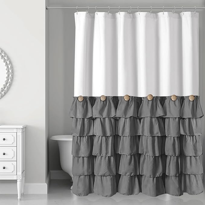 Seasonwood White and Gray Shower Curtain 72 x 72 with Nature Buttons Shabby Chic Shower Curtain French Country Style Modern Farmhouse Shower Curtains 72" x 72", Grey and White