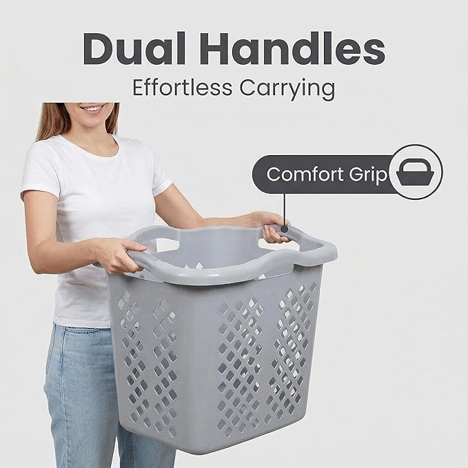 (2-Pack) 2 Bushel Plastic Laundry Baskets with Handles, Featuring Ventilation Design. Suitable for Laundry and Storage. Applicable to Bedrooms, Bathrooms, Dormitories. Convenient to carry. (Grey)