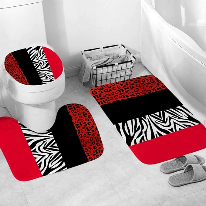 Onalasyc 4Pcs Red Leopard Shower Curtain with Rugs Set Waterproof Cheetah Print Bathroom Sets with Shower Curtain and Rugs Red Leopard Animal Print Bathroom Curtains Shower Set with 12 pcs Hooks