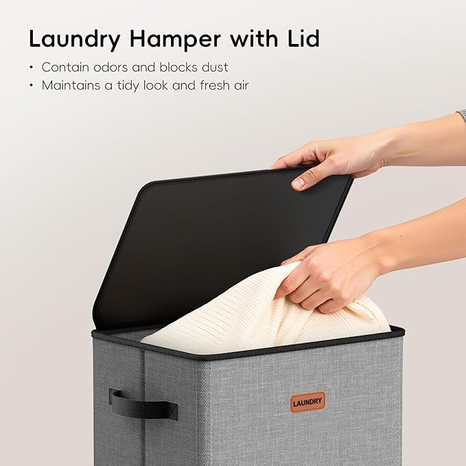 100L Laundry Hamper with Lid, Large Clothes Hampers with Removable Bag, Collapsible Laundry Basket for Bathroom, Bedroom, Laundry Room, Dorm, Grey
