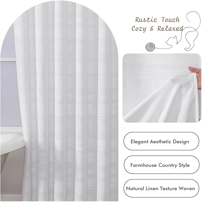 OVZME Extra Long White Boho Shower Curtain 84 Inch Long, Modern Farmhouse Heavy Duty Textured Soft Fabric, Rustic Country Cloth Shower Curtain with Tassel for Bathroom Hotel, 72Wx84L, White